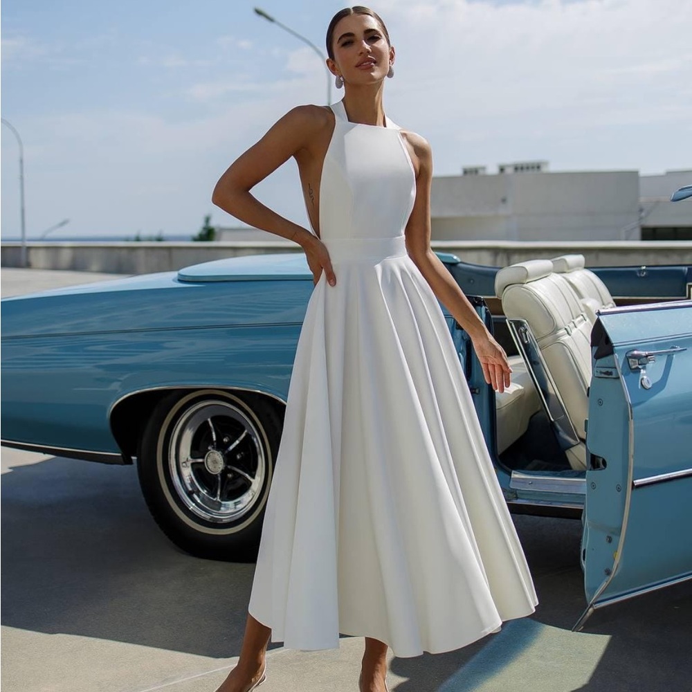 White Backless Halter A-Line Dress
